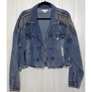 Ladies Forever 21 Cropped Jean Jacket Beaded Size 2X Hip Pockets